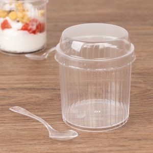 24-Pack Clear Ribbed Plastic Fruit Dessert Cups 5oz, Lids and Spoons Included - Mini Disposable Parfait Ice Cream Cups